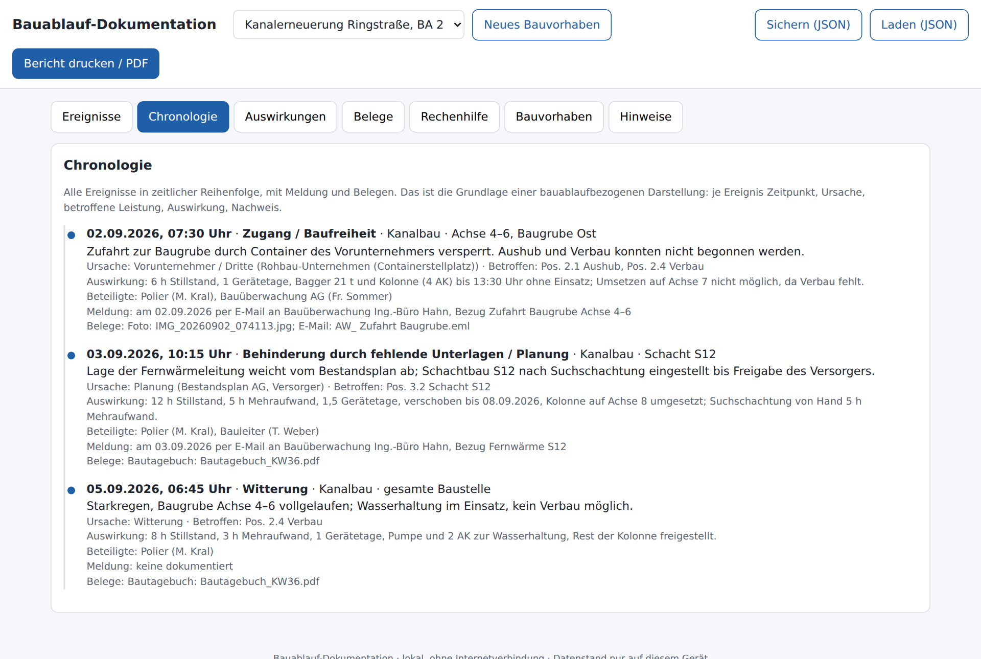 Bauablauf-Dokumentation: Chronologie-Ansicht des Programms