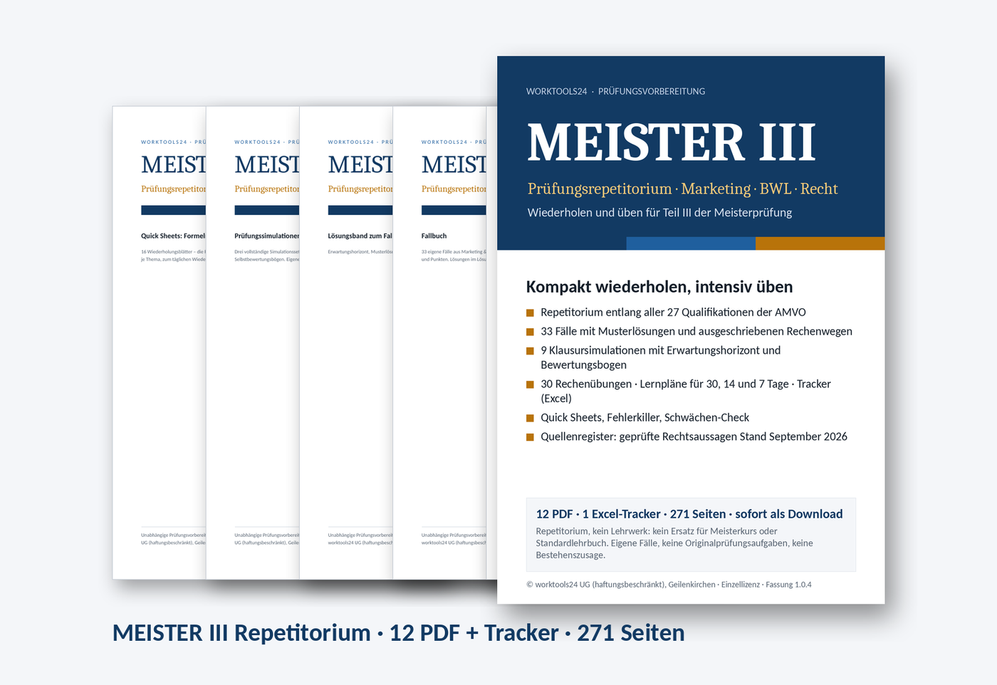 Die Dokumente des Pakets MEISTER III: Lernhandbuch, Fallbuch, Lösungsband, Prüfungssimulationen, Quick Sheets
