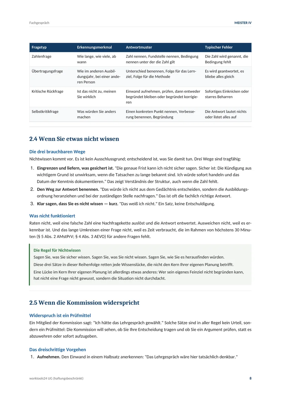 Beispielseite aus der Vorbereitung auf das Fachgespräch